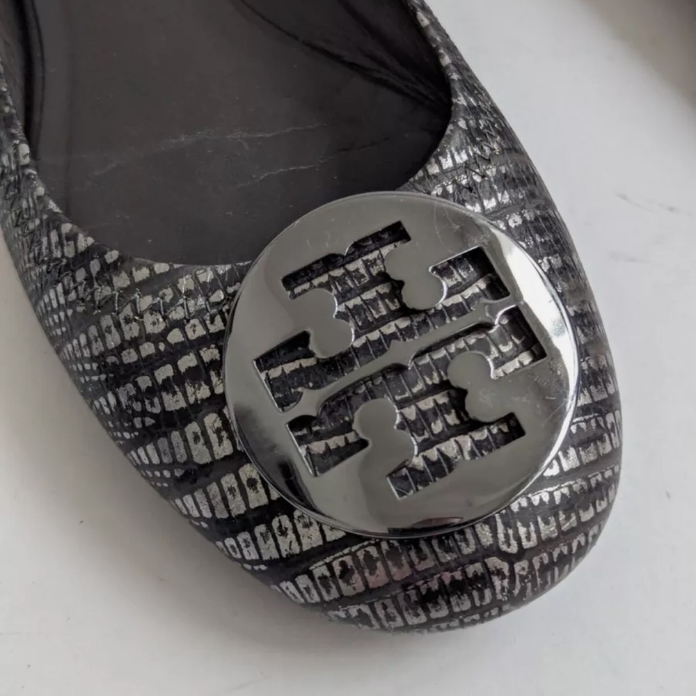 Tory Burch Reva Metallic Black Lizard Embossed Leather Ballet Flat